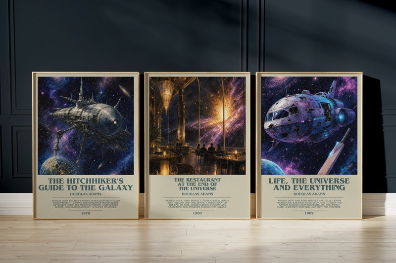 Hitchhiker's Trilogy: The Hitchhiker's Guide to the Galaxy, The Restaurant at the End of the Universe, Life, the Universe and Everything framed art prints