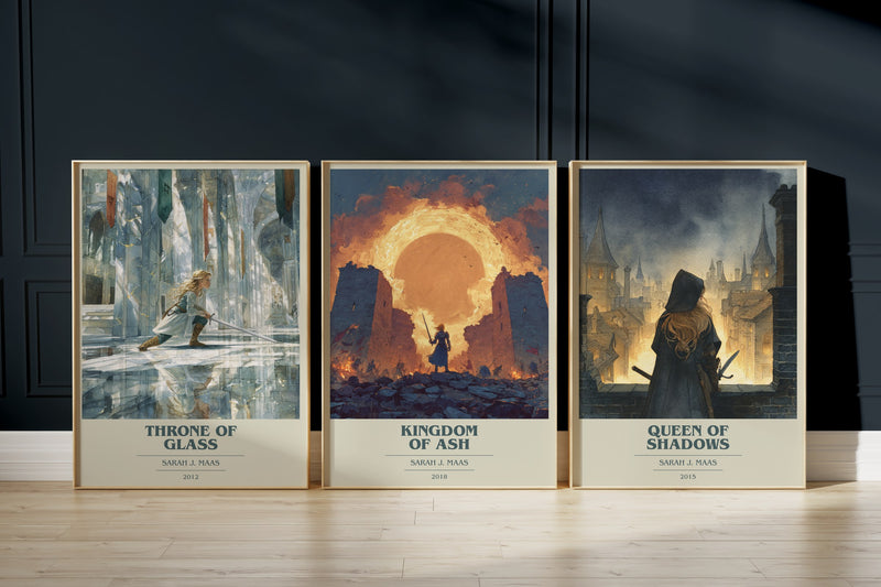 Throne of Glass Trio: Throne Of Glass, Kingdom Of Ash, Queen Of Shadows framed art prints