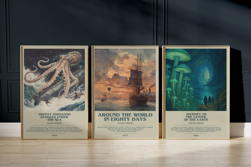 Verne Voyages Trio: Twenty Thousand Leagues Under The Sea, Around The World In Eighty Days, Journey To The Center Of The Earth framed art prints